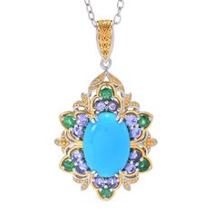 Step into the spotlight with this magnificent 1.29 carat Gems en Vogue pendant with chain. The beautiful color, sparkle and style are sure to turn heads. You'll love all the compliments! Taking center stage is a 14x10mm oval Sleeping Beauty turquoise cabochon. It's surrounded by a dazzling array of tanzanite and emerald gemstones. The piece is crafted in a sterling silver and palladium alloy with 18K yellow gold plated accents. The 18" cable link chain has a 2" extender to complement your neckli Elegant Multi-stone Turquoise Gemstones, Elegant Turquoise Cabochon Gemstones, Elegant Turquoise Teardrop Pendant Jewelry, Elegant Turquoise Jewelry With Large Pendant, Elegant Turquoise Gemstones In Sterling Silver, Elegant Turquoise Multi-stone Gemstones, Elegant Multi-stone Oval Pendant Jewelry, Elegant Turquoise Multi-stone Necklaces, Elegant Turquoise Gemstones For Gifts