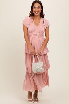 Pink Pleated Tiered Maternity Midi Dress Feminine Pleated Tiered Dress, Elegant Pleated Midi Dress With Tiered Skirt, Feminine Tiered Pleated Dresses, Tiered Skirt Dress With Pleated Waist For Party, Party Dress With Pleated Waist And Tiered Skirt, Pleated Tiered Midi Dress For Brunch, Pink Chiffon Midi Dress, Pink Baby Shower Dress, Baby Pink Dresses