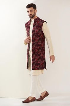 Maroon Nehru jacket with jungle thread embroidery.
Components: 1
Pattern: Embroidered
Type Of Work: Thread
Neckline: Open
Sleeve Type: Sleeveless
Fabric: Silk
Color: Maroon
Other Details: 
Note: Pant and kurta worn by the model is not for sale
Occasion: Wedding - Aza Fashions Open Jacket Kurta Men, Nehru Jacket For Men, Kurta Men, Nehru Jacket, Open Jacket, Nehru Jackets, Open Sleeve, Thread Embroidery, Jacket For Men