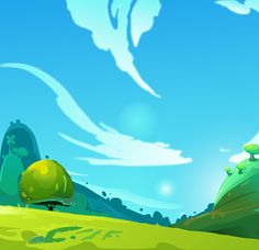 an animated landscape with trees and mountains in the background, as if it were created for a video game