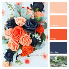 an arrangement of flowers in shades of orange and blue