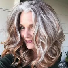 Rustic Copper Dark Blonde Gray Hair, Gray Hair Highlighted Blonde, Natural Gray With Blonde Highlights, Ways To Blend Gray Hair, Blond And Gray Hair, Best Blonde Color For Graying Hair, Gray Hair With Copper Highlights, Gray Hair With Red Lowlights