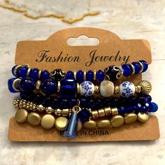 Blue Beaded Bracelet- Gold Colored Accents Trendy Blue Beaded Bracelets For Party, Black Gold Bracelet, Stretch Beaded Bracelets Diy, Jewelry Royal, Blue Beaded Bracelets, Gems Bracelet, Bracelets Diy, Beaded Bracelets Diy, Bracelet Gold