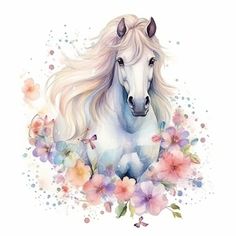 a watercolor painting of a white horse surrounded by flowers