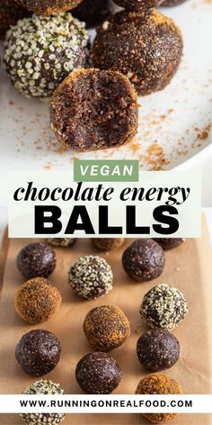 vegan chocolate energy balls on a plate with text overlay that reads, vegan chocolate energy balls