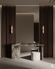 an elegant dining room with marble tables and stools