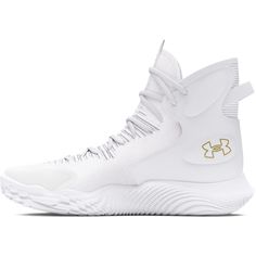 the under armour basketball shoe is white with gold accents on the upper and bottom part