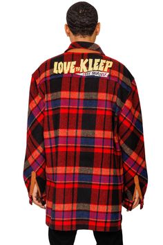 SUGGEST TO BUY ONE SIZE SMALLER. THIS IS OVERSIZE!! Men's premium heavy flannel elongated oversize outershirtBody pocket give you more outerwear looking.Snap fastenings through frontChenille patch and screen in front.Screen print on back.Black stronger snap button.Stylish and Over size fit give you more looking with layered.100%PolyesterModel 5'10''. Wears Medium Top & 32 BottomLove to Kleep / Love YourselfImported.Designed by KLEEP Flannel Material, Layered Look, Red Jacket, Oversized Shirt, Red Plaid, Modern Fit, Plaid Pattern, Screen Print, Snap Button