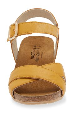 A gleaming buckle stands out against the supple leather straps on this open-toe sandal set on a low wedge for comfortable height. 1 3/4" heel (size 39) Adjustable ankle strap with buckle closure Cushioned footbed with arch support Leather upper and lining/synthetic sole Classic Gold Sandals With Buckle Closure, Gold Footbed Sandals With Removable Insole, Gold Leather Heels With Buckle Closure, Gold Leather Footbed Sandals With Buckle Closure, Gold Leather Sandals With Tang Buckle, Classic Gold Sandals With Heel Strap, Gold Leather Slingback Sandals With Round Toe, Gold Leather Sandals With Low Heel, Classic Gold Leather Sandals