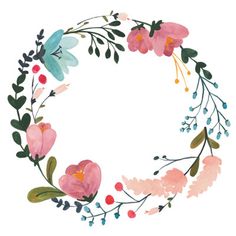 a watercolor wreath with flowers and leaves