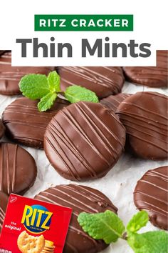 chocolate covered cookies with mint leaves on top and the title reads, ritz cracker thin mints