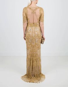 NAEEM KHAN CLOTHINGDRESSGOWN GOLD / 6 Illusion Neckline Embroidered Gown Luxury Gold Gown With Sequins, Gold Gown With Gold Embroidery For Reception, Luxury Gold Sequin Gown, Gold Embroidered Gown For Reception, Luxury Gold Embellished Evening Dress, Gold Fitted Gown With Sequins, Luxury Gold Dress With Sweep Train, Fitted Luxury Gold Gown, Gold Fitted Luxury Gown