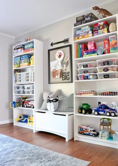 a child's room with toys and bookshelves