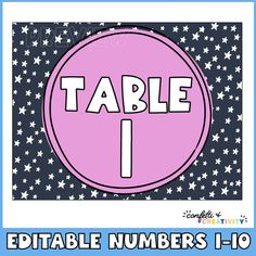 a pink table number with stars around it and the word table 1 in white letters