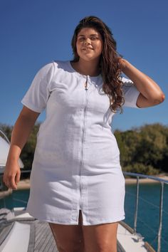 Brunette model on a boat wearing terry towelling beach coverup with zip-through detail Oversized Lightweight Cover-up For The Beach, Oversized Beachwear Dress For Beach Cover-up, Cotton Beachwear Mini Dress As Beach Cover-up, Oversized Cotton Beach Cover-up, Terry Towel Dress, Jantzen Swimwear, Swimwear Australia, Mastectomy Swimwear, Black Tankini Top