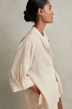 Spring Relaxed Fit Ramie Shirt, Cream Linen Tops For Daywear, Elegant Beige Linen Top, Spring Relax Fit Ramie Shirt, Beige Relaxed Fit Ramie Top, Relaxed Fit Beige Ramie Tops, Cream Linen Blouse For Spring, Spring Cream Linen Blouse, Summer Linen Shirt In Neutral Color