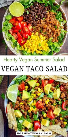 Enjoy a healthy and hearty summer salad with this Vegan Taco Salad! Packed with flavor, this easy-to-make dish features tofu taco meat, fresh veggies, and a zesty salsa-yogurt dressing. Perfect for meal-prepping, this salad is a nutritious and delicious option for a summer lunch or dinner. Experience the perfect blend of textures and tastes that will make this a go-to salad recipe this summer! Try this flavorful and filling salad today! #vegansalads #tacosalad Tofu Taco Meat, Vegan Taco Salad, Vegan Tacos Meat, Dinner Experience, Tofu Tacos, Vegan Taco, Salsa Yogurt, Vegan Summer Recipes, Quick Easy Vegan