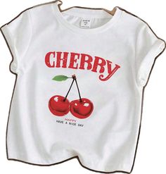 White T-shirt With Fruit Design For Spring, Playful Red T-shirt For Summer, Cute White Top With Cherry Print, Sweet Fruit Print Tops For Summer, Sweet Fruit Print Summer Tops, Sweet Cotton Summer Top, Sweet Red Summer Tops, Sweet Summer Tops With Fruit Print, Cute Tops With Fruit Print For Spring