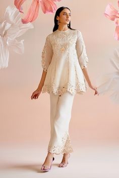 Ivory short flared kurta with floral beads, pearls and cutwork hem embroidery. Paired with coordinating cutwork slit pant. - Aza Fashions Organza Embroidery, Pant For Women, Pant Women, Beaded Neckline, Embroidery Floral, Kurta With Pants, Silk Organza, Pakistani Outfits, Pants Pattern