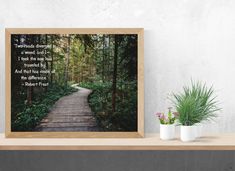 a wooden path in the woods with a quote on it and two potted plants next to it