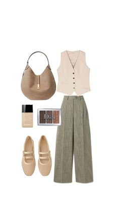 a woman's outfit with shoes, purse and handbag