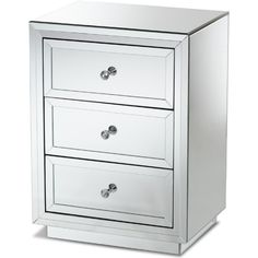 an image of a mirrored three drawer cabinet with measurements for it's width and height