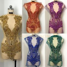 four different styles of bodysuits on mannequins with beading and sequins