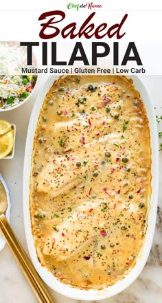 baked tilapia in a casserole dish with chopsticks on the side