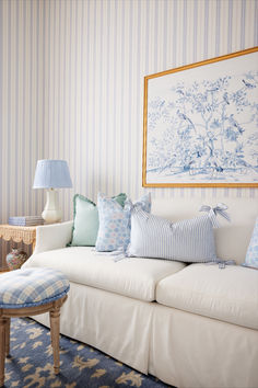 Blue & White, Bow Accents, Living Room inspo, Chinoiserie, stripes | Caitlin Wilson Design Blue White Living Room, Powder Blue Bedroom, Blue Stripe Wallpaper, Caitlin Wilson Design, Blue And White Living Room, Caitlin Wilson, White Room Decor, Striped Room, Stripe Wallpaper