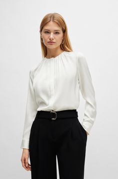 BOSS - Ruched-neck blouse in stretch-silk crepe de Chine Formal Stretch Blouse, Solid Stretch Blouse For Formal Wear, Elegant Fitted Tops With Band Neckline, Elegant Fitted Top With Band Neckline, Stretch Blouse For Formal Occasions, Formal Long Sleeve Viscose Top, Elegant Long Sleeve Stretch Blouse, Chic Stretch Blouse For Work, Evening Long Sleeve Silk Crepe Top