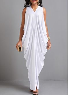 Color:White;Size:L;Size:XL;Size:2XL;Package Contents:1 X Dress;Occasion:Sport; Pleated White Dress, Dresses Curvy Women, Wedding Anniversary Dresses, White Dresses Classy, Loose White Dress, Vneck Outfit, Kaftan Dress Modern, Anniversary Dresses, English Wears