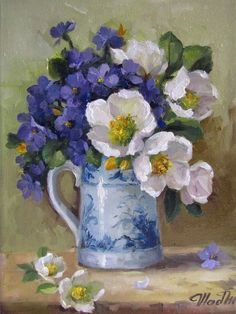 a painting of flowers in a blue and white vase