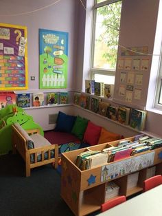 a child's playroom with toys and books