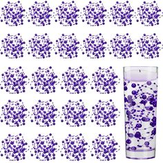 a glass filled with lots of blue balls next to an image of the same pattern