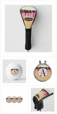 a golf ball and driver's head cover with the letter a in pink on it