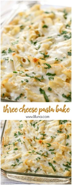 three cheese pasta bake in a glass baking dish