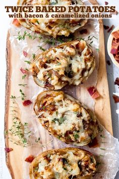 some food is sitting on a wooden board