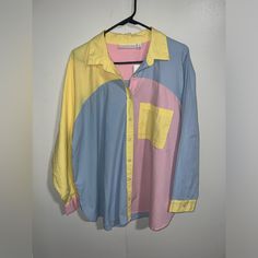 100% Cotton Made In India Multicolor Cotton Shirt For Day Out, Trendy Yellow Shirt For A Day Out, Color Block Long Sleeve Tops For Day Out, Spring Color Block Collared Shirt, Trendy Yellow Collared Shirt, Yellow Long Sleeve Shirt For Day Out, Relaxed Fit Yellow Blouse With Buttons, Trendy Long Sleeve Yellow Shirt, Yellow Relaxed Fit Blouse With Buttons