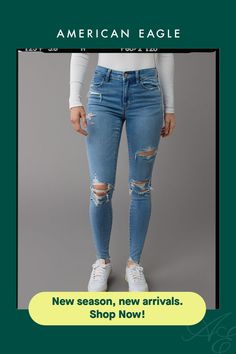 Next Level Stretch/Our softest, stretchiest, never-loses-its-shape denim/Won't bag out. Ever./Medium wash/Ripped Distressed Stretch Bottoms For Everyday, Everyday Stretch Distressed Bottoms, Stretch Distressed Bottoms For Everyday, Fall Ripped Mid-rise Jeggings, Ripped Mid-rise Jeggings For Fall, Everyday Stretch Distressed Jeans, Trendy Ripped Bottoms For Everyday Wear, Everyday High Waist Ripped Bottoms, Ripped Bottoms For Everyday Fall Wear