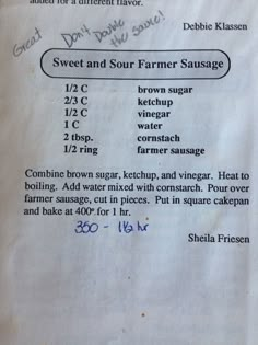 a recipe for sweet and sour farmer sausage on a piece of white paper with blue writing