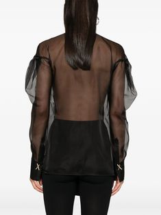 Black silk blouse, front press-stud fastening, semi-sheer construction, V-neck, long sleeves, press-stud fastening cuffs, side slits, straight hemComposition: Silk, 100% Luxury Sheer Blouse With Long Sleeves, Luxury Sheer Long Sleeve Blouse, Luxury Long Sleeve Sheer Blouse, Luxury Sheer Long Sleeve Tops, Sheer Long Sleeve Office Blouse, Sheer Long Sleeve Blouse For Work, Sheer V-neck Blouse For Work, Luxury Evening Top With Sheer Sleeves, Luxury Evening Tops With Sheer Sleeves