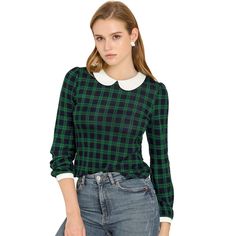 Featuring peter pan collar with keyhole back, color block and soft stretchy fabric lend an elegant finishing touch and sweet feel to this top. This regular fit plaid blouse with contrast peter pan collar is spun from knitted stretchy fabric in plaid pattern. This long sleeve blouse pairs beautifully with a range of bottoms, styled with skinny jeans or work pants for a casual chic look! A comfy work top is updated with perfectly peter pan collar and plaid pattern for understated charm. Soft knitt Trendy Plaid Tops, Elegant Work Wear, Peter Pan Collar Shirt, Christmas Party Shirts, Comfy Wear, Long Sleeve Plaid Shirt, Plaid Blouse, Contrast Collar, Long Sleeve Plaid