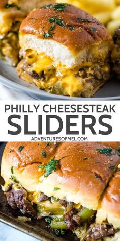 two cheese steak sliders with fries in the background and text overlay that reads, phily cheesesteak sliders