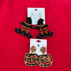 Price Includes Both Pair. Witch Feet/ Hat And Pumpkin Earrings Beaded Earrings For Halloween Party, Halloween Party Beaded Earrings, Adjustable Beaded Earrings For Halloween, Black Beaded Dangle Earrings For Halloween, Black Dangle Beaded Earrings For Halloween, Black Halloween Festival Earrings, Black Earrings For Halloween Festival, Beaded Halloween, Halloween Beads