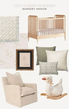 a baby's nursery room with white furniture and accessories, including a rocking chair