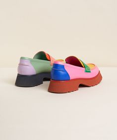 Colorful Loafers For Women, Colorful Loafers, Colourful Loafers, Mismatched Shoes, Green Platform Loafers, Luxury Multicolor Leather Loafers, Cute Multicolor Non-slip Clogs, Summer Multicolor Slip-on Loafers, Black Adidas Shoes