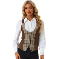 Introducing the stunning vintage sleeveless waistcoat! This elegant piece features a classic U-neck design, a stylish plaid print, and three buttons at the front for a touch of sophistication. The racerback and pointed hem add a modern twist, while the faux suede panel brings a luxurious feel to the waistcoat. Perfect for both formal occasions and casual vintage looks, these women's vintage waistcoats are versatile and chic. Whether you're heading to the office, a fashion show, a casual gatherin Modern Steampunk Fashion, Dressy Vest, Tailored Jeans, Vintage Waistcoat, Jeans Vest, Sleeveless Waistcoat, Long Coat Jacket, Brown Outfit, Vintage Vest