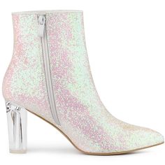 Can't help falling in love with these sparkly booties. The Glitter Ankle Boots have high block heels, a pointed toe, a low shaft that zips up the inside, and a safe cover on the mouth of shoes to prevent rubbing from the glitter. The glitter design will make you stand out in the crowd. It is a great choice for dating and hanging out with friends. It will win your heart via your feet. Trendy Glitter High Heel Boots, Pink Glitter Boots With Round Toe, Pink Glitter Booties, Evening Glitter Ankle-high Boots, Pink Glitter High Heel Boots, Glitter Ankle Boots, High Block Heels, Can't Help Falling In Love, Clear Block Heels