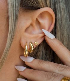 Gold Dome Hoops 18K Gold Electroplated Size: approx. 0.5 inch Gold Earrings Fashion, Earrings For Triple Piercing, Earrings Aesthetic Three Holes, Earrings Aesthetic Hoop, Gold Jewelry For Hoco, Simple Gold Ear Stack, Cute Gold Earring Stacks, 2 Ear Piercings Ideas Simple Gold, 2 Earrings In One Ear Gold