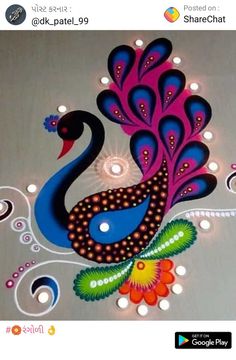 an artistically painted peacock with flowers on it's back side and dots in the background